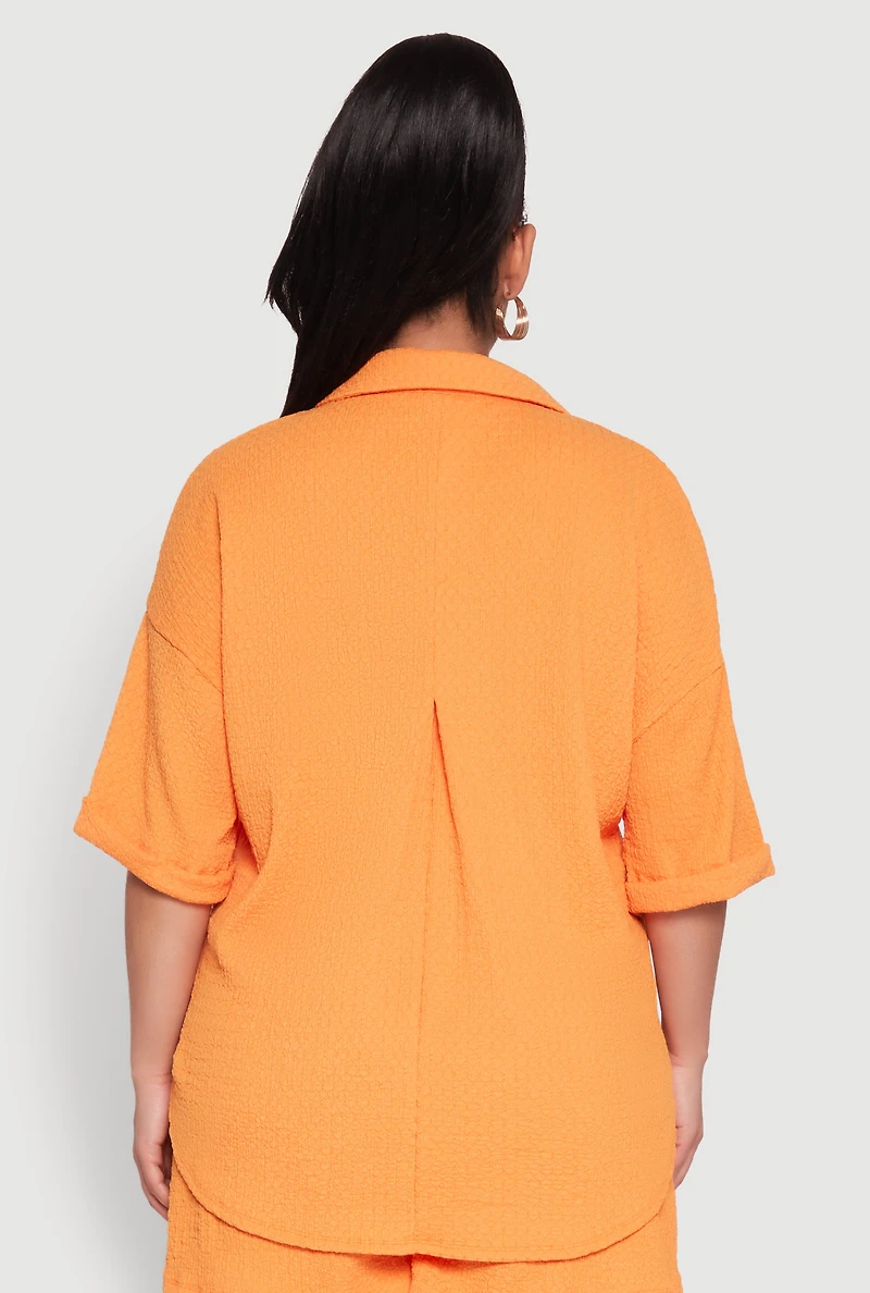 Womens Plus Size Textured Knit Oversized Shirt, Orange, Size 1X