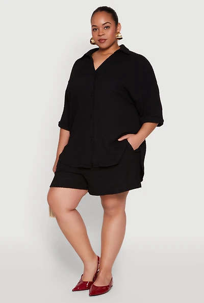 Womens Plus Size Textured Knit High Waist Shorts, Black, Size 3X