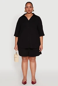 Womens Plus Size Textured Knit High Waist Shorts, Black, Size 2X