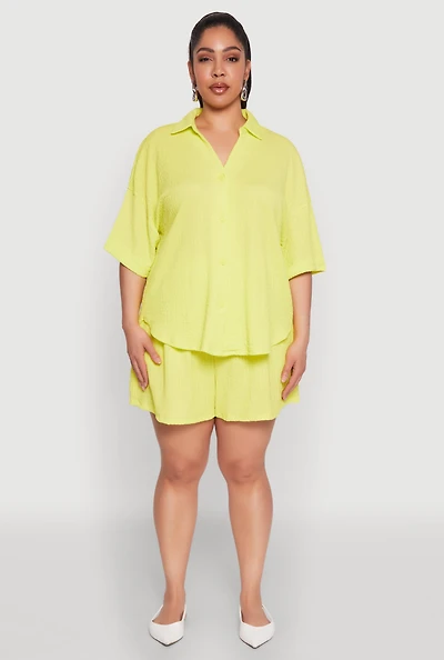 Womens Plus Size Textured Knit High Waist Shorts, Yellow, Size 1X