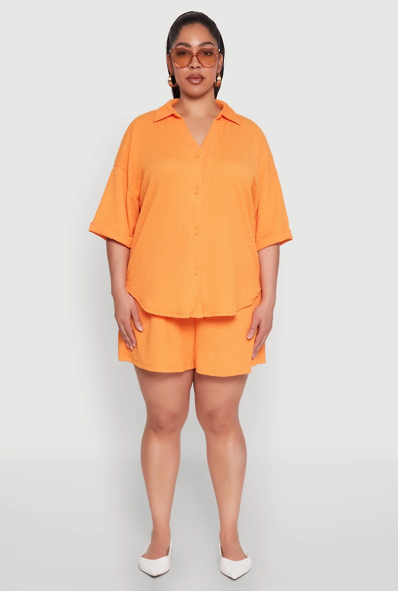 Womens Plus Textured Knit High Waist Shorts, Orange,
