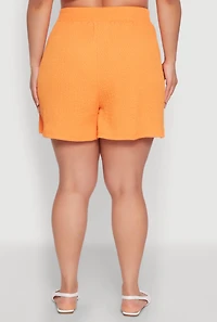 Womens Plus Textured Knit High Waist Shorts, Orange,