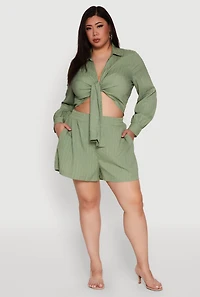 Womens Plus Size Textured Knit Tie Front Crop Top, Green, Size 3X