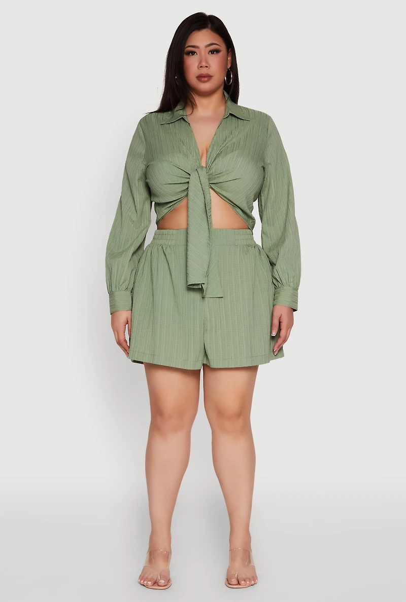 Womens Plus Size Textured Knit Tie Front Crop Top, Green, Size 3X