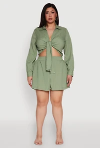 Womens Plus Size Textured Knit Tie Front Crop Top, Green, Size 3X