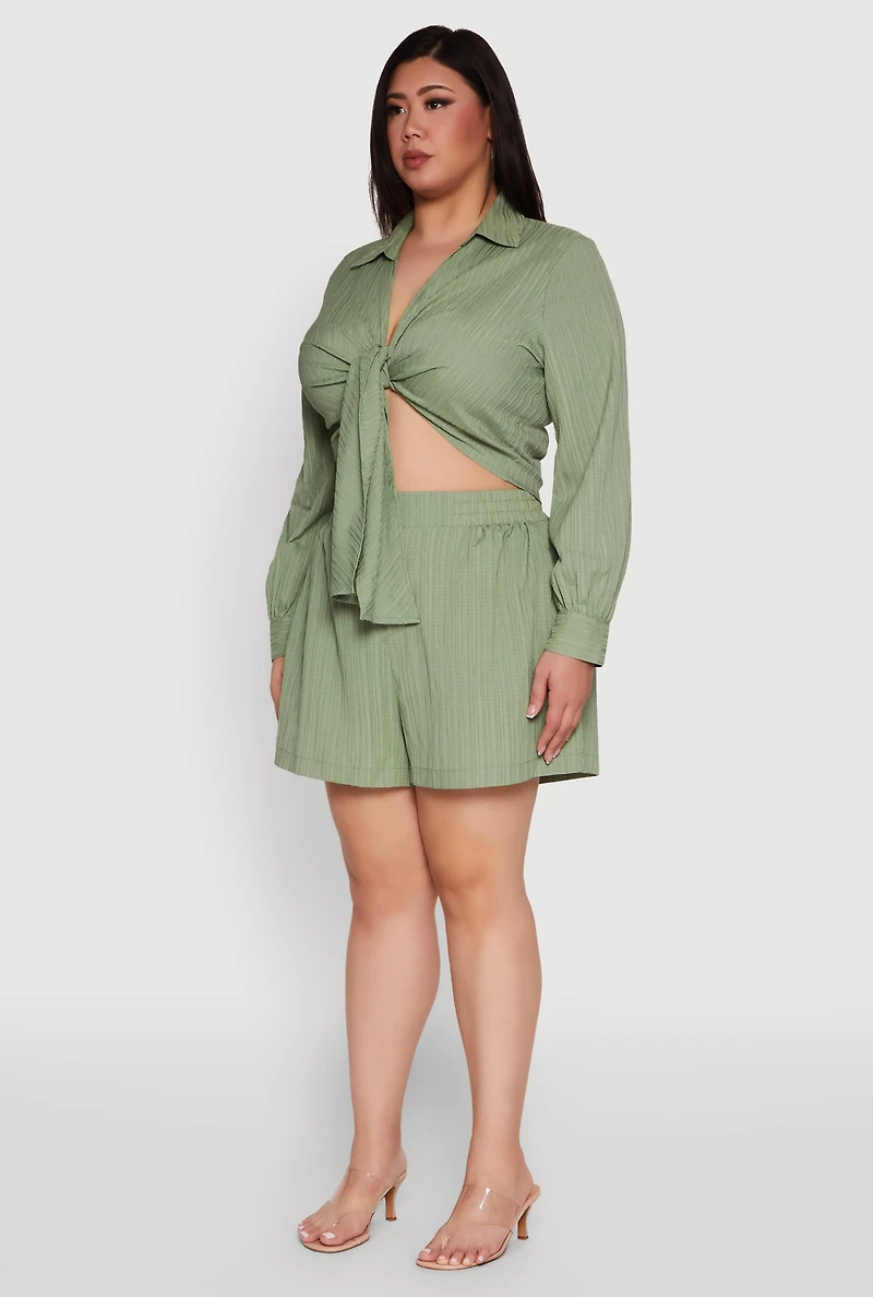 Womens Plus Size Textured Knit Tie Front Crop Top, Green, Size 3X
