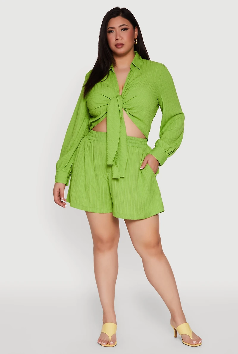 Womens Plus Size Chic High Waisted Textured Knit Shorts, Green, Size 2X