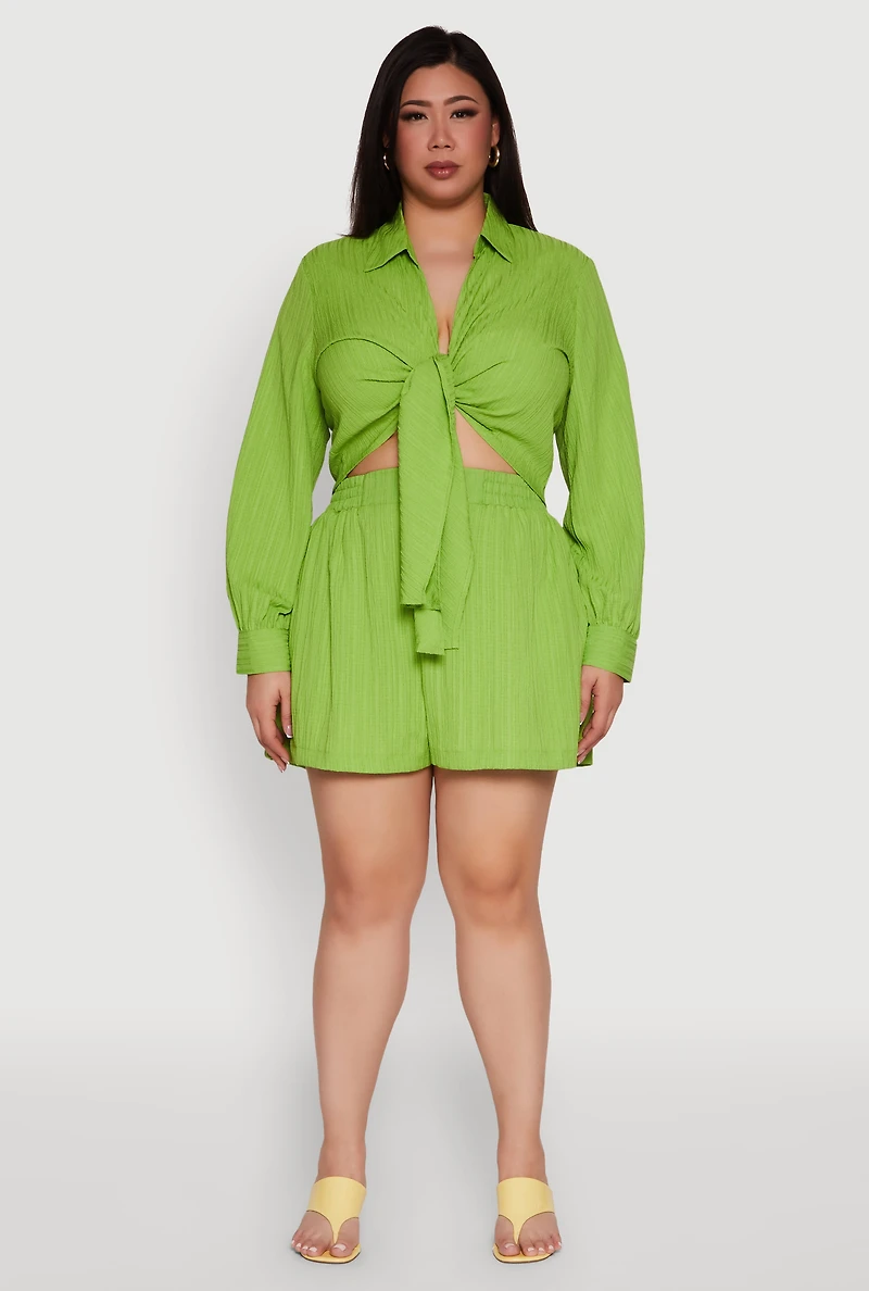 Womens Plus Size Chic High Waisted Textured Knit Shorts, Green, Size 1X