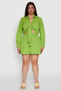 Womens Plus Size Chic High Waisted Textured Knit Shorts, Green, Size 2X