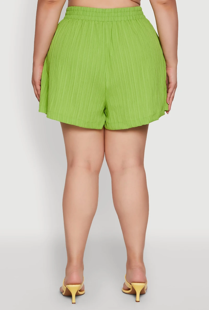 Womens Plus Size Chic High Waisted Textured Knit Shorts, Green, Size 1X