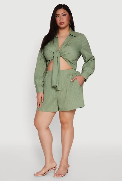 Womens Plus Size Chic High Waisted Textured Knit Shorts, Green, Size 3X