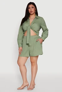 Womens Plus Chic High Waisted Textured Knit Shorts, Green,