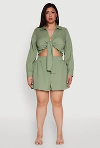Womens Plus Size Chic High Waisted Textured Knit Shorts, Green, Size 3X