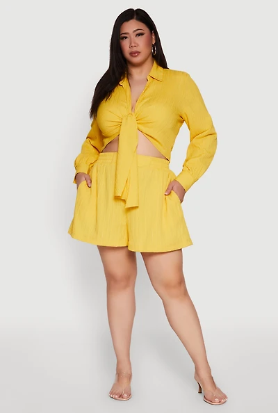 Womens Plus Size Chic High Waisted Textured Knit Shorts, Yellow, Size 3X