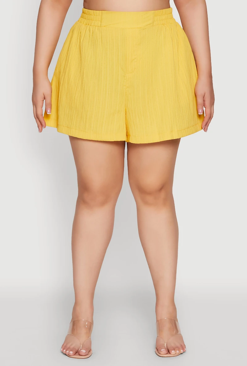 Womens Plus Size Chic High Waisted Textured Knit Shorts, Yellow, Size 3X