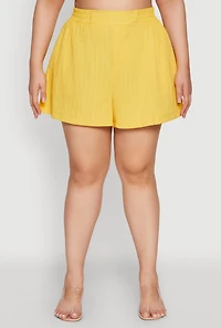 Womens Plus Size Chic High Waisted Textured Knit Shorts, Yellow, Size 3X