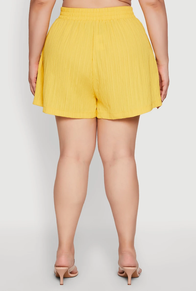 Womens Plus Size Chic High Waisted Textured Knit Shorts, Yellow, Size 3X
