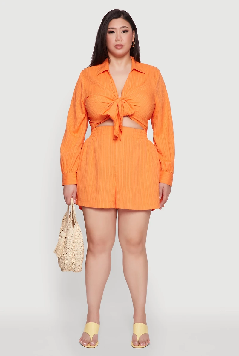 Womens Plus Size Chic High Waisted Textured Knit Shorts, Orange, Size 2X