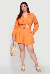 Womens Plus Chic High Waisted Textured Knit Shorts, Orange,