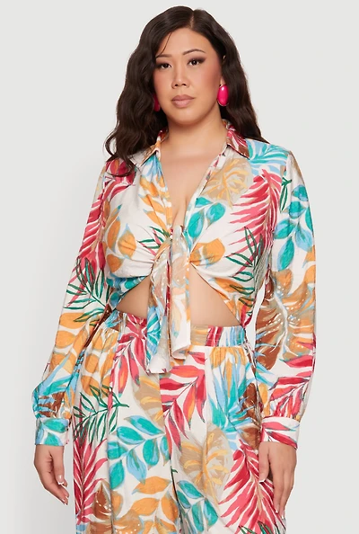 Plus Printed Pattern Tie Front Crop Top