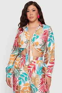 Plus Printed Pattern Tie Front Crop Top
