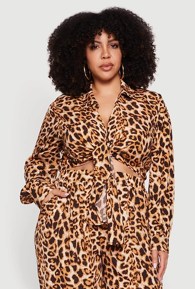 Plus Printed Pattern Tie Front Crop Top