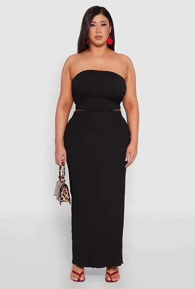 Womens Plus Size Textured Knit Maxi Skirt, Black, Size 2X