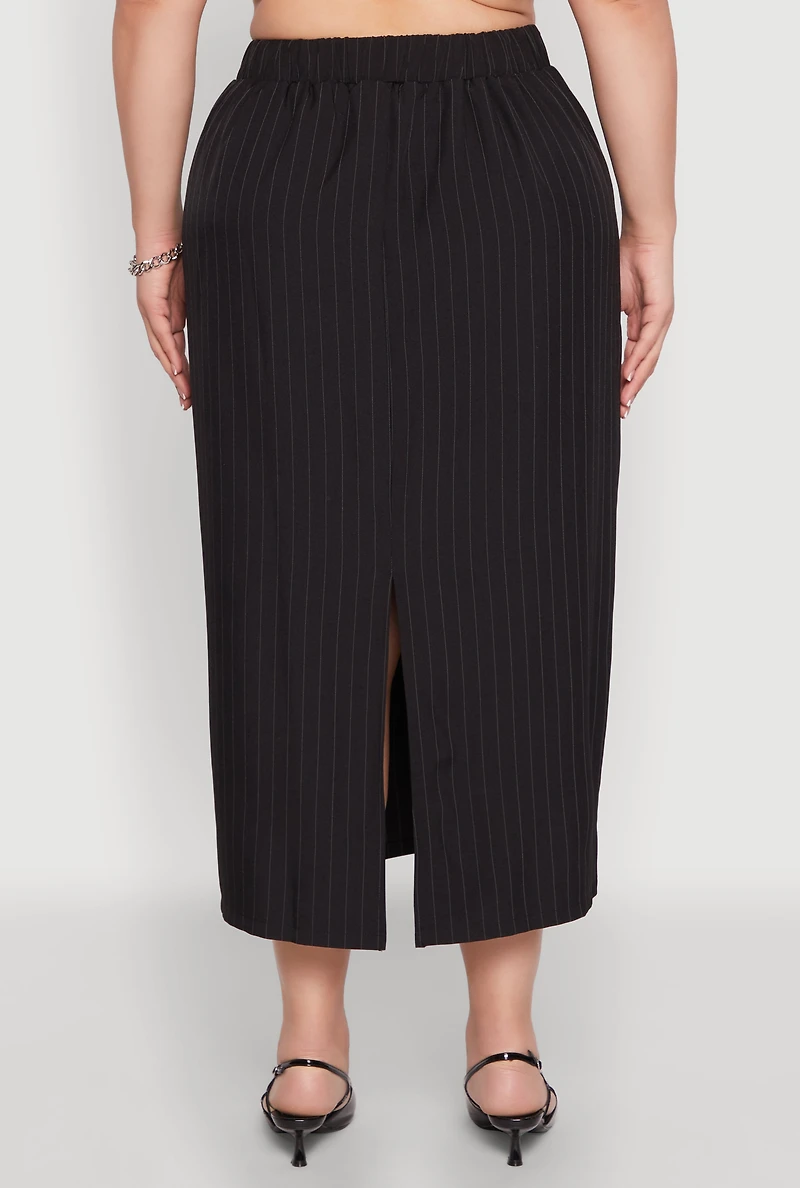 Womens Plus Pinstripe High Waist Skirt, Black,