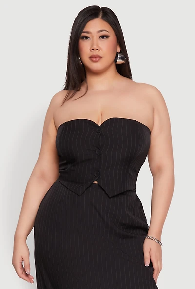 Womens Plus Pinstripe Button Front Strapless Top,