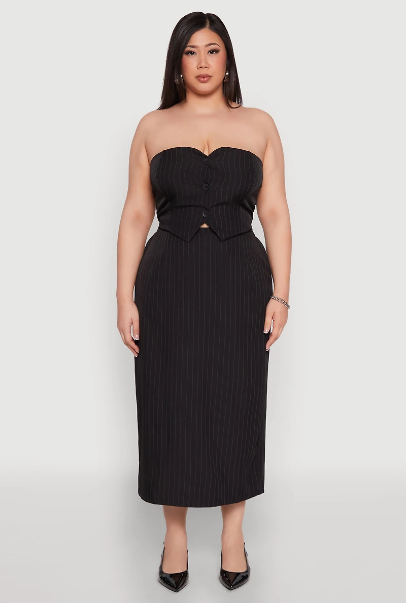 Womens Plus Pinstripe Button Front Strapless Top, Black,