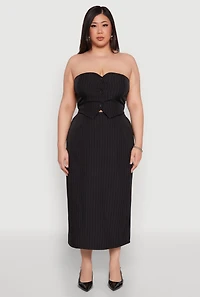 Womens Plus Pinstripe Button Front Strapless Top, Black,