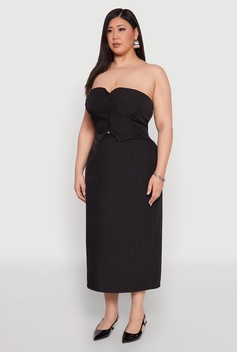 Womens Plus Pinstripe Button Front Strapless Top, Black,