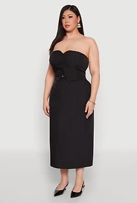 Womens Plus Pinstripe Button Front Strapless Top, Black,