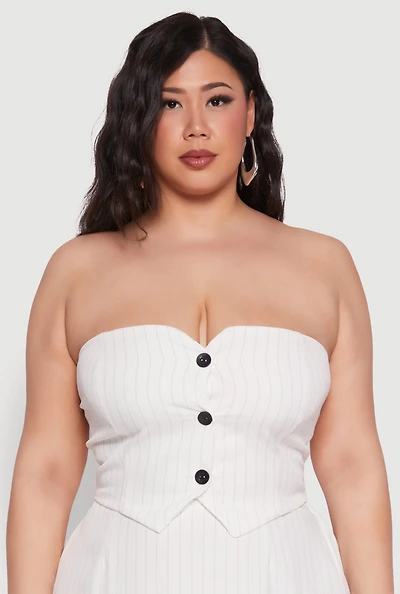 Womens Plus Size Pinstripe Button Front Strapless Top, White, Size 1X