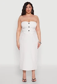 Womens Plus Size Pinstripe Button Front Strapless Top, White, Size 1X