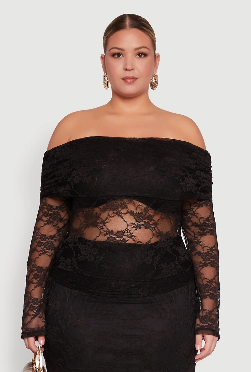 Womens Plus Lace Fold Over Off The Shoulder Blouse, 2X