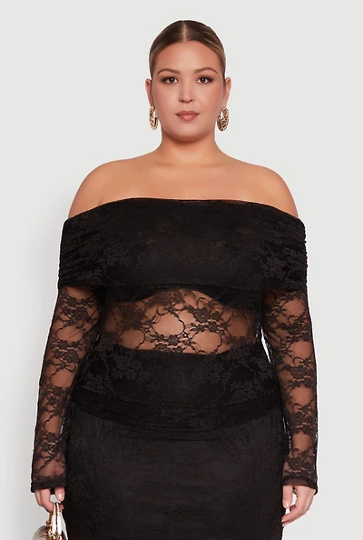 Womens Plus Lace Fold Over Off The Shoulder Blouse, 2X