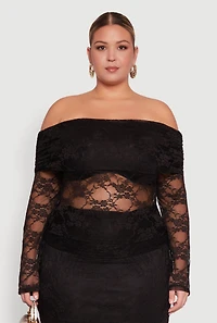 Womens Plus Lace Fold Over Off The Shoulder Blouse, 2X