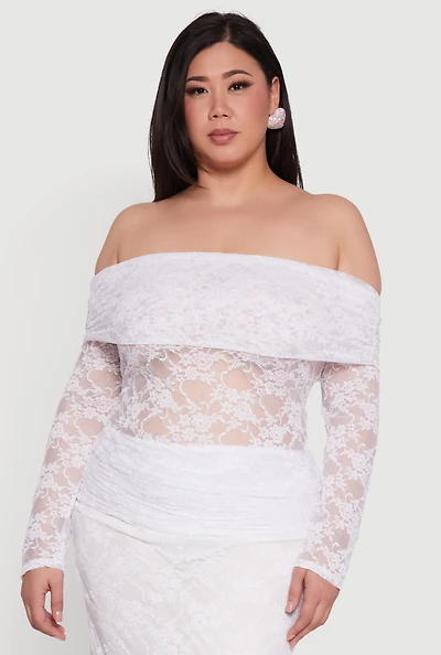 Womens Plus Lace Fold Over Off The Shoulder Blouse, White,