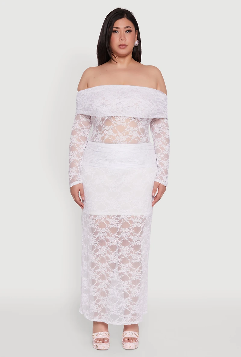 Womens Plus Lace Fold Over Off The Shoulder Blouse, White,