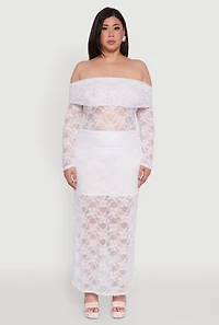 Womens Plus Lace Fold Over Off The Shoulder Blouse, White,