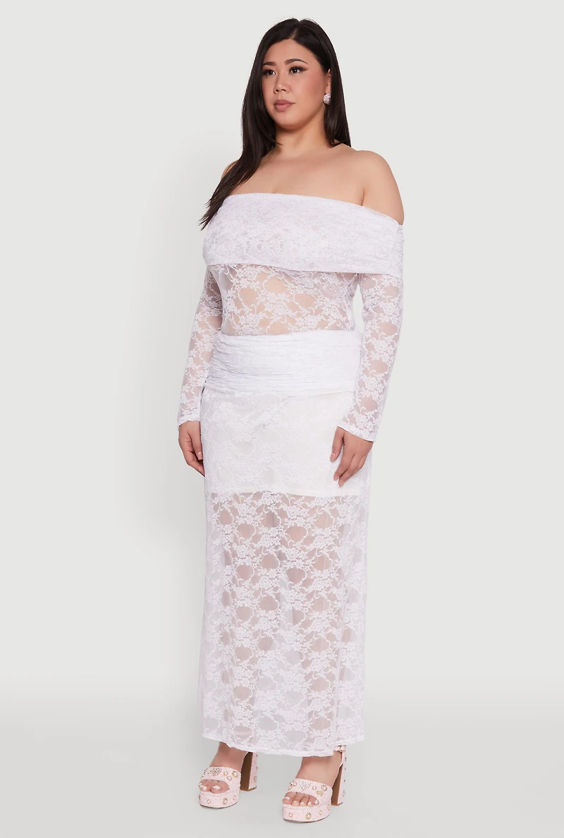 Womens Plus Lace Fold Over Off The Shoulder Blouse, White,