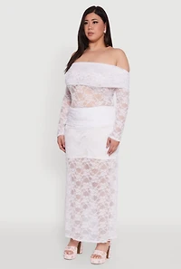 Womens Plus Lace Fold Over Off The Shoulder Blouse, White,