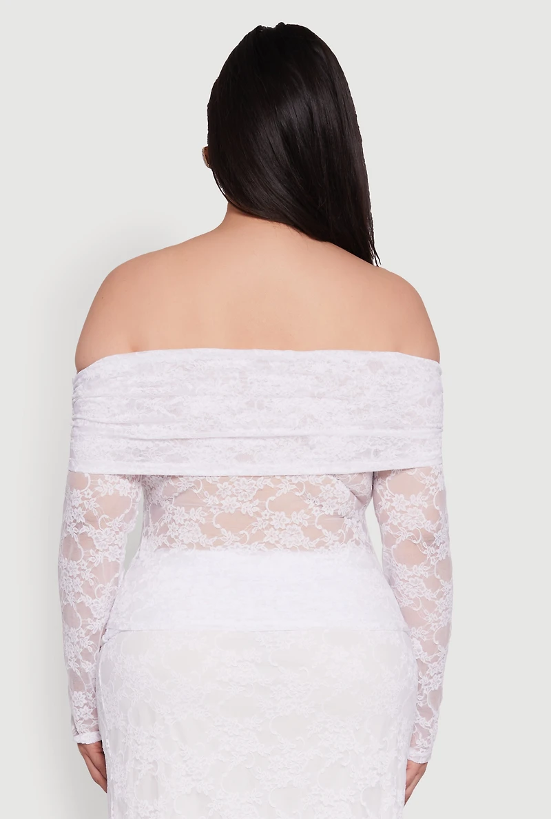 Womens Plus Lace Fold Over Off The Shoulder Blouse, White,