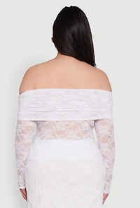 Womens Plus Lace Fold Over Off The Shoulder Blouse, White,