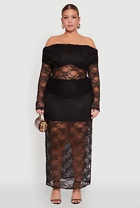 Womens Plus Size Lace High Waisted Fold Over Maxi Skirt, Black, Size 3X