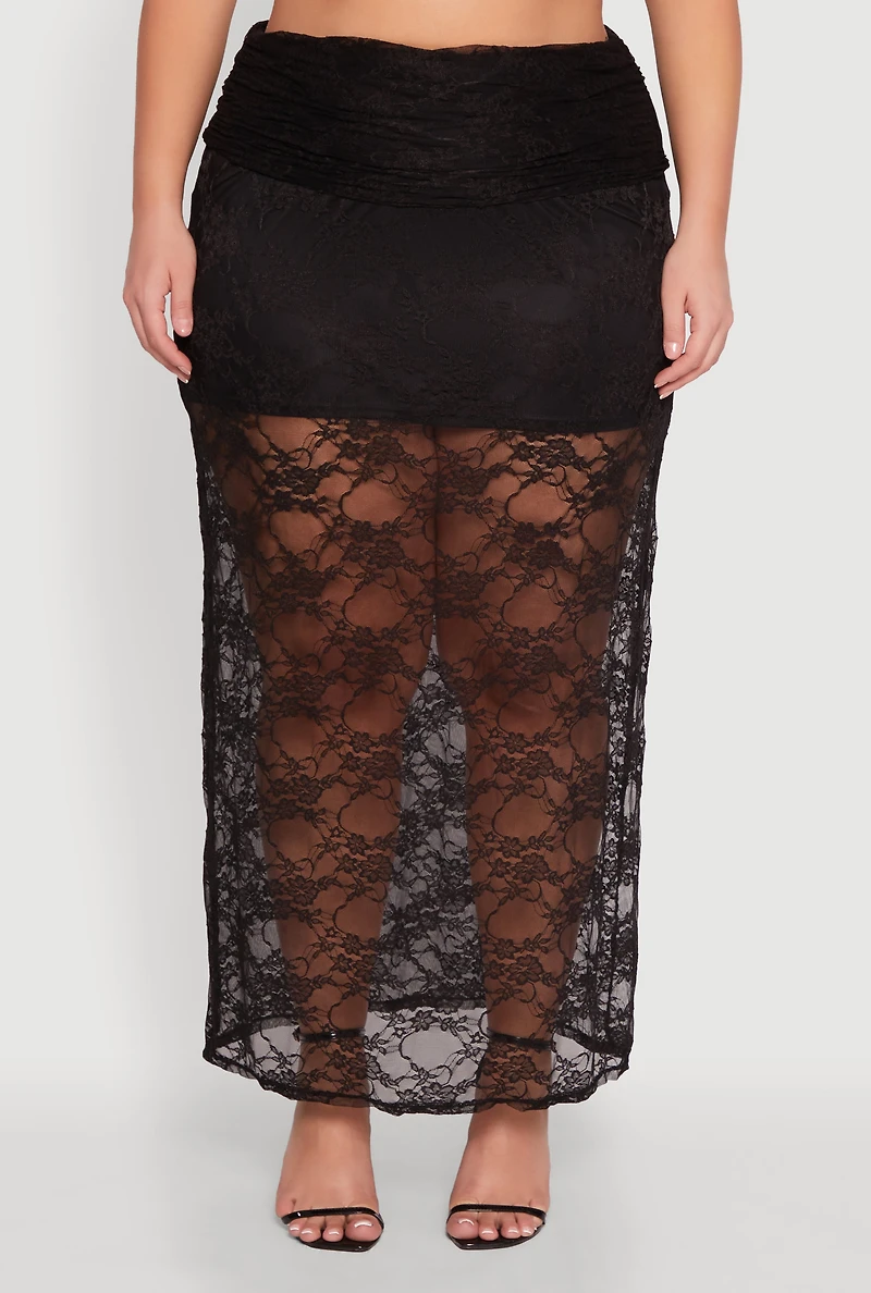 Womens Plus Size Lace High Waisted Fold Over Maxi Skirt, Black, Size 3X