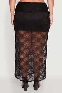 Womens Plus Size Lace High Waisted Fold Over Maxi Skirt, Black, Size 3X