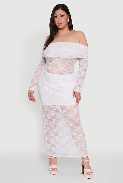 Womens Plus Lace High Waisted Fold Over Maxi Skirt, White,