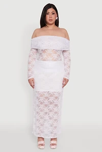 Womens Plus Lace High Waisted Fold Over Maxi Skirt, White,